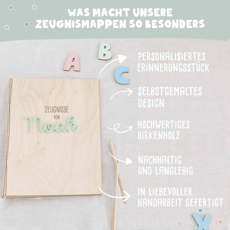 Zeugnismappe Holz Ringbuch mit 3D-Name "Affirmation"