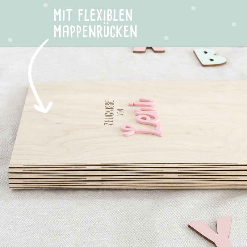 Zeugnismappe Holz Ringbuch mit 3D-Name "Stern oder Herz"