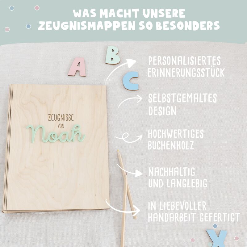 Zeugnismappe Holz Ringbuch mit 3D-Name "Stern oder Herz"