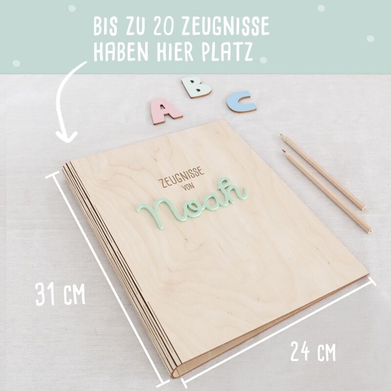 Zeugnismappe Holz Ringbuch mit 3D-Name "Stern oder Herz"