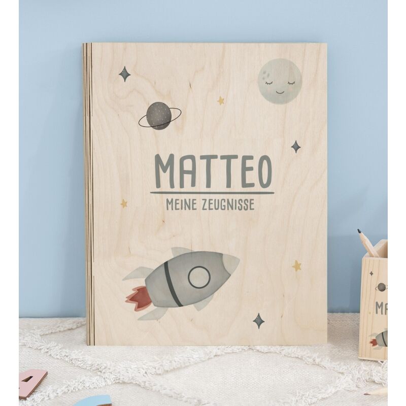 Zeugnismappe Holz Ringbuch "Rakete"