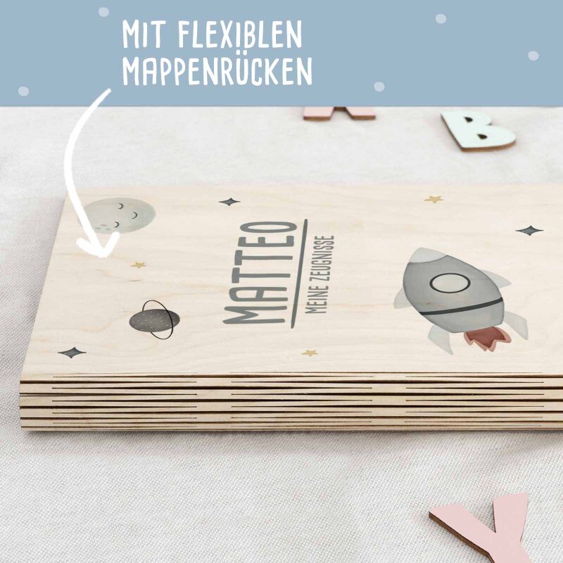 Zeugnismappe Holz Ringbuch "Rakete"