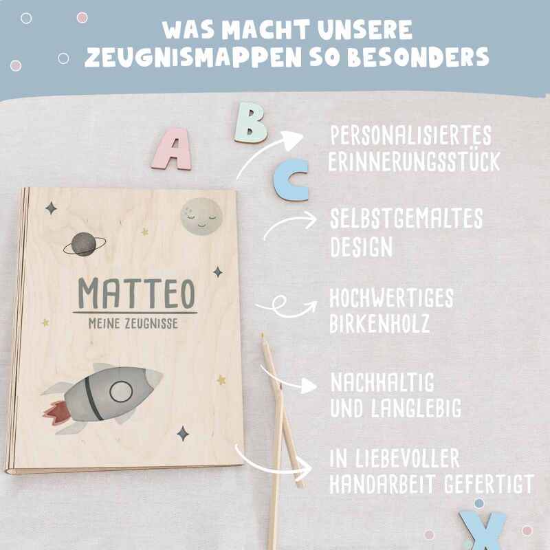 Zeugnismappe Holz Ringbuch "Rakete"