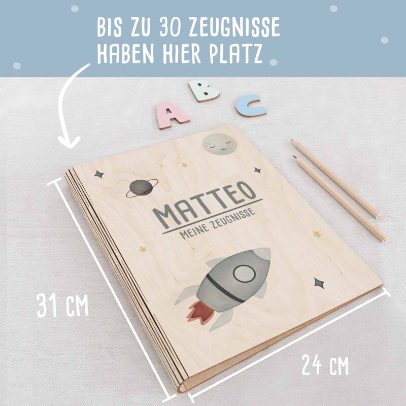 Zeugnismappe Holz Ringbuch "Rakete"