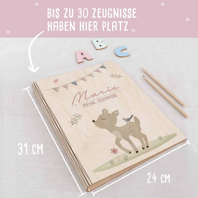 Zeugnismappe Holz Ringbuch "Reh"