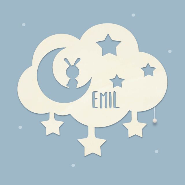 Night Light "Cloud, Moon and Stars" personalized for Babys and Kids light blue yes