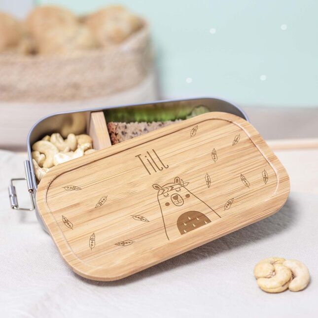 Lunchbox "Bear" personalized for children Metal box with bamboo cover