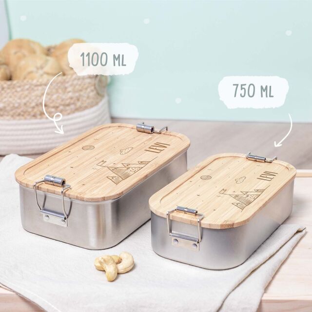 Lunchbox "Bergwelt" personalisiert für Kinder Metalldose mit Bambusdeckel