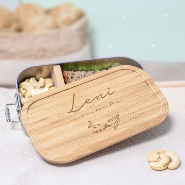 Lunchbox "Leaves" personalized for children Metal box with bamboo lid