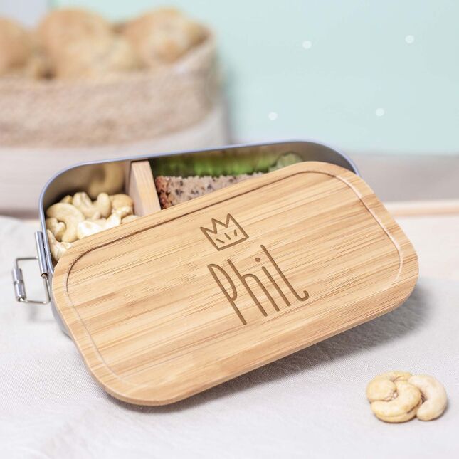 Lunch box "Krone Boys" personalized for children Metal box with bamboo lid