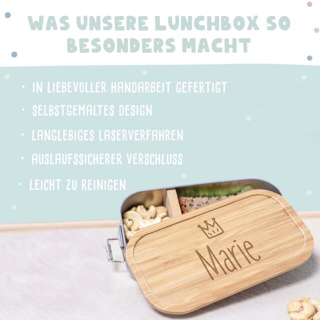 Lunch box "Krone Mädchen" personalized for children Metal box with bamboo lid
