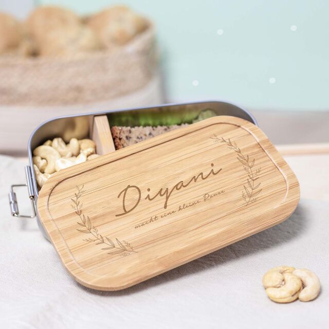Lunchbox "Plant" personalized for children Metal box with bamboo lid