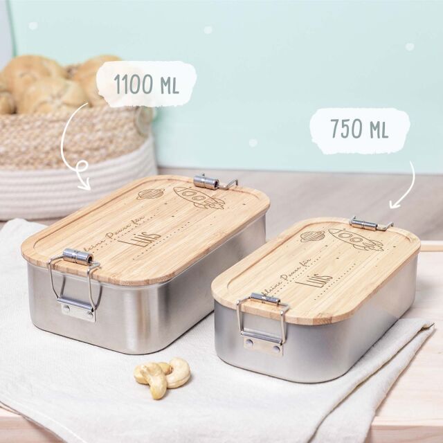 Lunchbox "Space" personalized for children Metal box with bamboo lid