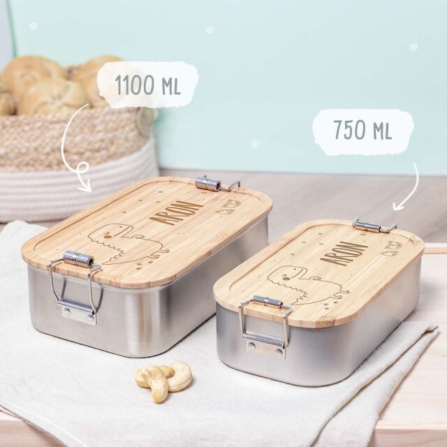Lunch box "Dino" personalized for children lunch box metal box with bamboo lid 750ml