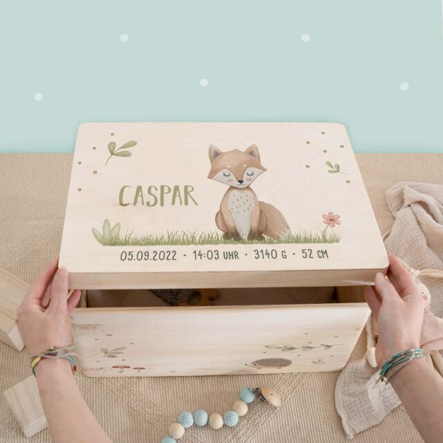 Memory box &quot;Fox&quot; watercolor personalized for child &amp; baby