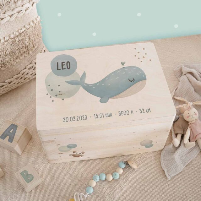 Memory box &quot;whale&quot; watercolor personalized for child &amp; baby