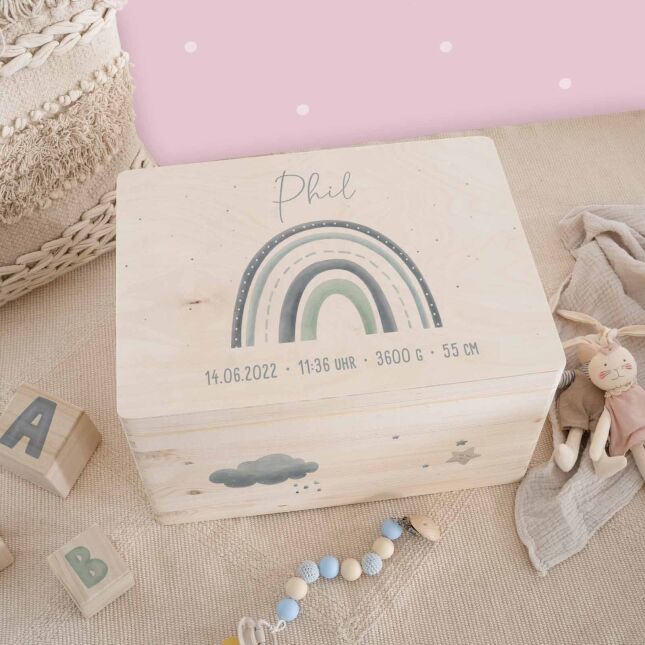 Erinnerungsbox "Regenbogen" Aquarell personalisiert für Kind & Baby Blau