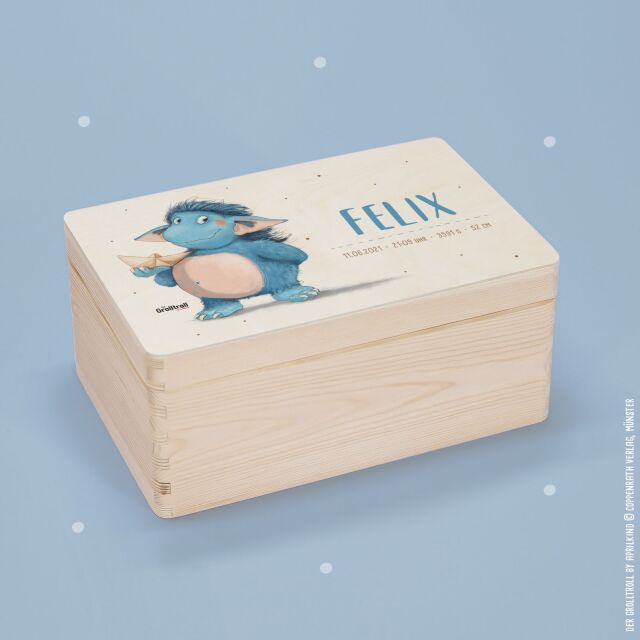 Erinnerungsbox "Der Grolltroll - freundlich" Aquarell personalisiert für Kind & Baby