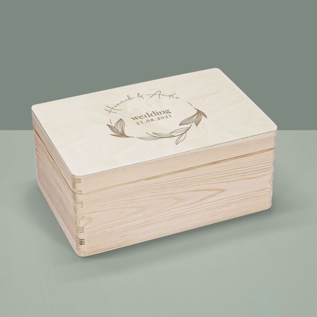 Erinnerungsbox aus Holz personalisiert "Hochzeit Blätterkranz"