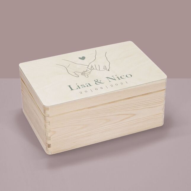 Erinnerungsbox aus Holz "Hand in Hand - Herz" personalisiert Aquarell