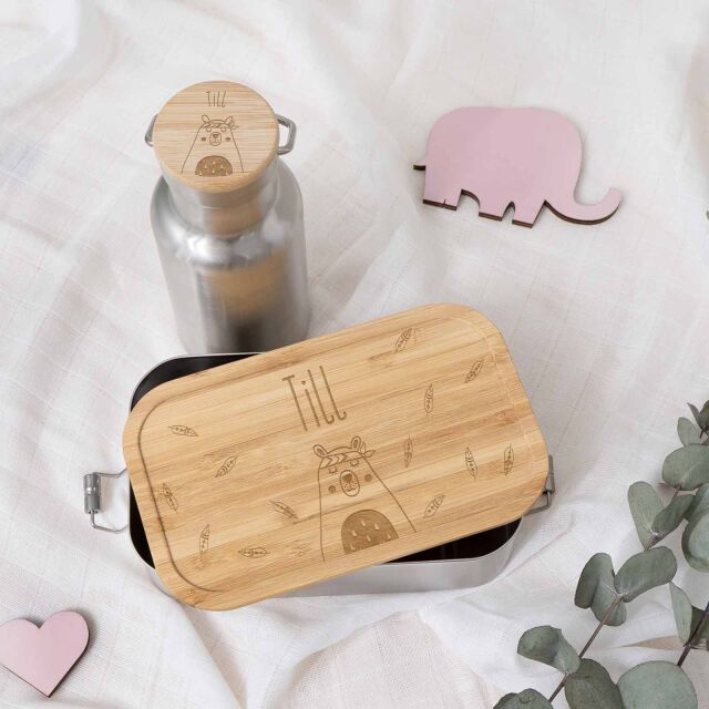 Lunchbox & Trinkflasche Bambusdeckel Set "Bär" ohne Trennwand klein: 350ml Volumen 750ml