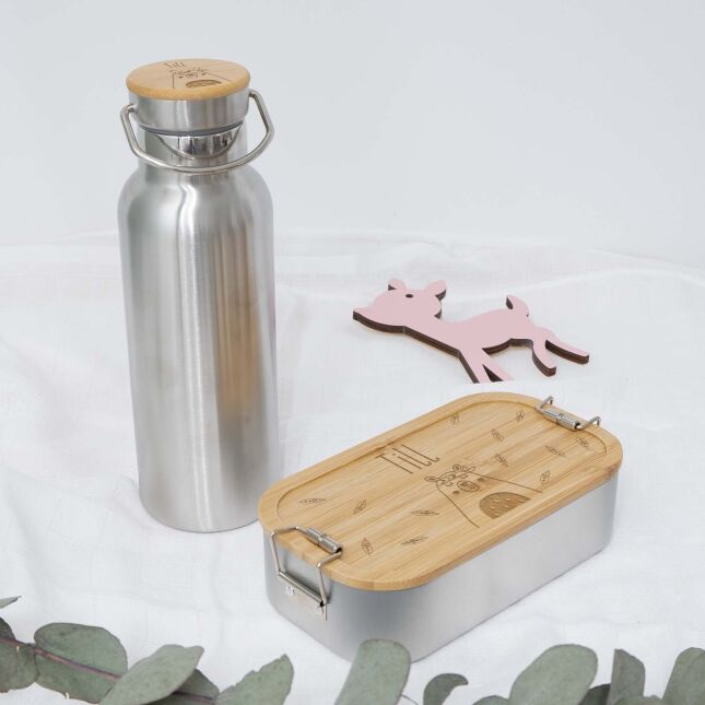 Lunchbox & Trinkflasche Bambusdeckel Set "Bär" ohne Trennwand groß: 500ml Volumen 750ml