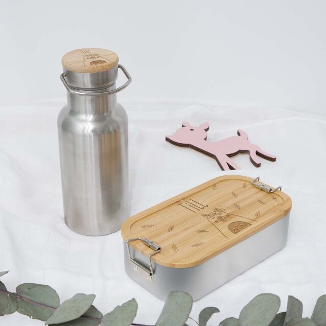 Lunchbox & Trinkflasche Bambusdeckel Set "Bär" mit Trennwand klein: 350ml Volumen 750ml