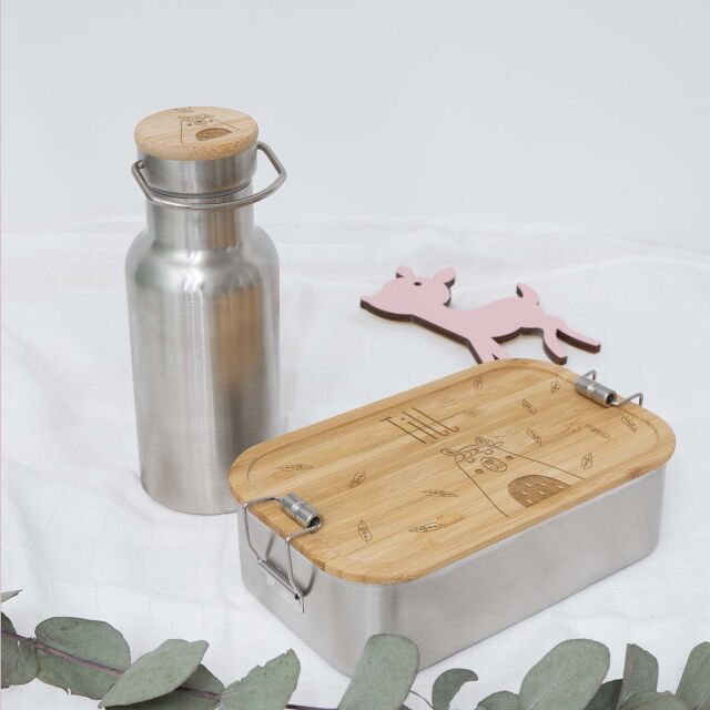 Lunchbox & Trinkflasche Bambusdeckel Set "Bär" mit Trennwand klein: 350ml Volumen 1100ml
