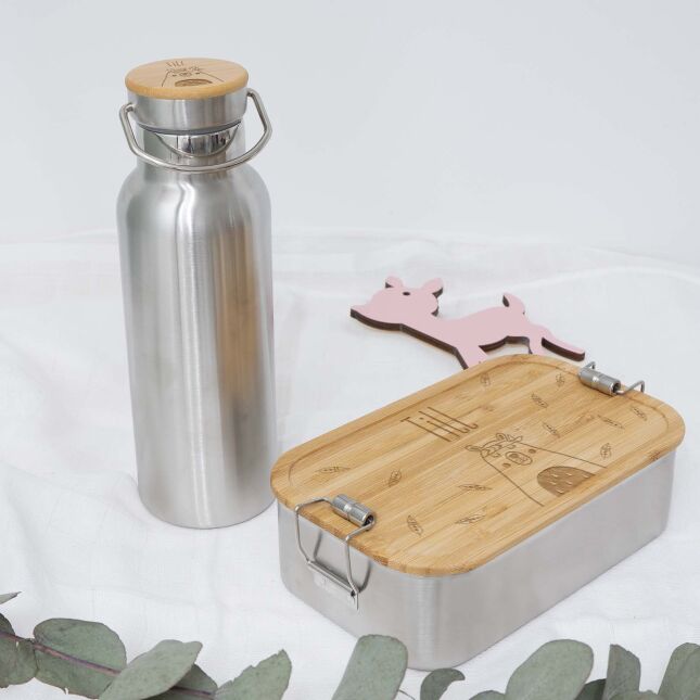 Lunchbox & Trinkflasche Bambusdeckel Set "Bär" mit Trennwand groß: 500ml Volumen 1100ml
