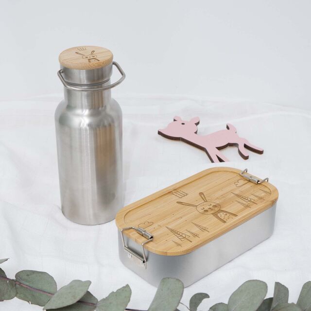 Lunchbox & Trinkflasche Bambusdeckel Set "Hase" Volumen 750ml mit Trennwand klein: 350ml