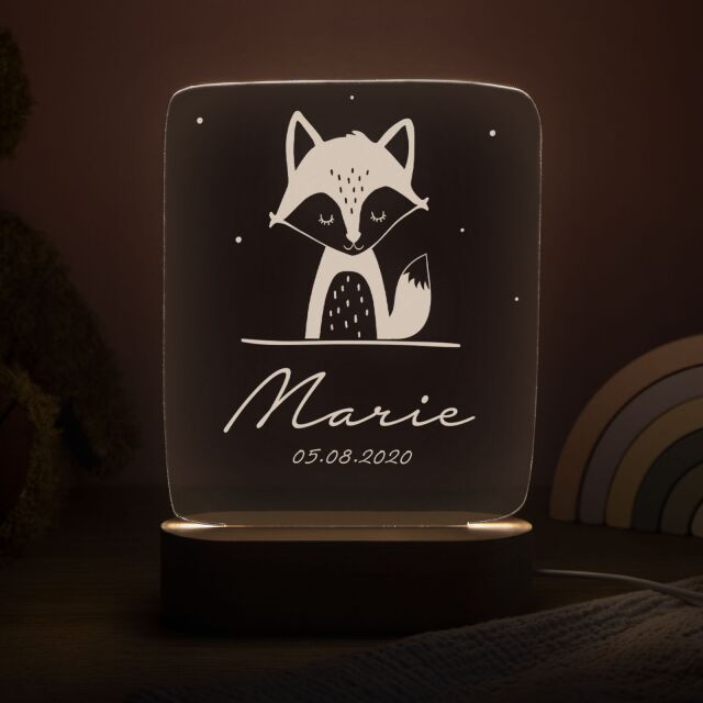 LED Kinder Nachtlicht Personalisiert Fuchs-Motiv aus Acrylglas mit USB-Anschluss