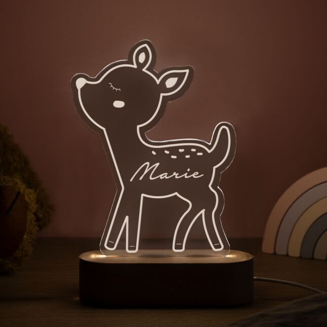 LED Kinder Nachtlicht Personalisiert Reh-Form aus Acrylglas mit USB-Anschluss