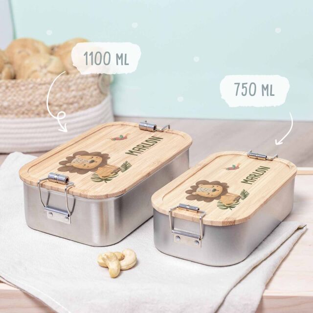 Lunchbox "Lion" personalized for children Metal box with bamboo lid 750 ml yes