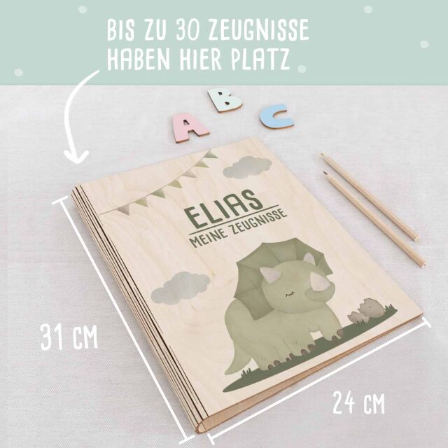 Zeugnismappe Holz Ringbuch "Grüner Dino"