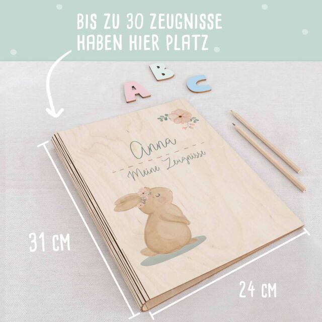 Zeugnismappe Holz Ringbuch "Hase"