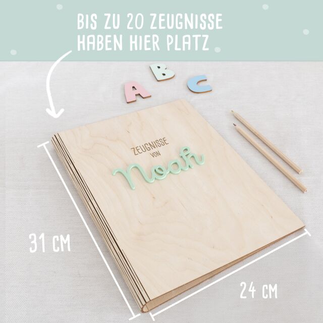 Zeugnismappe Holz Ringbuch mit 3D-Name "Stern oder Herz"