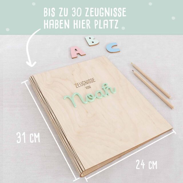 Zeugnismappe Holz Ringbuch mit 3D-Name "Affirmation"