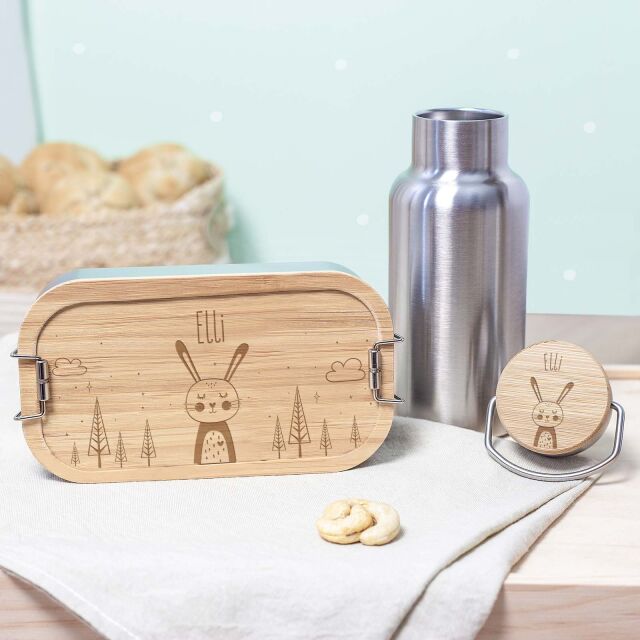 Lunch box "Rabbit" personalized for children Metal box with bamboo lid 750 ml with divider