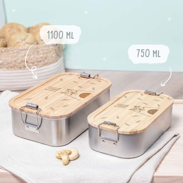Lunchbox "Bear" personalized for children Metal box with bamboo cover 750 ml
