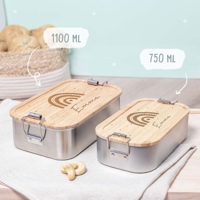 Lunchbox "Rainbow" personalized for children Metal box with bamboo lid 750 ml