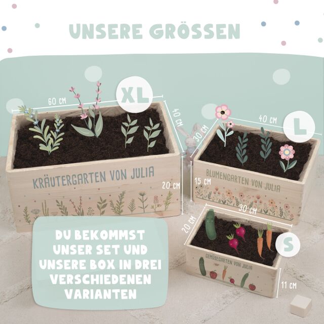 Saatgut Anzuchtset - Mini Garten Starter Kit mit personalisierter Holzkiste Aquarell Gemüse S (30x20x14 cm)