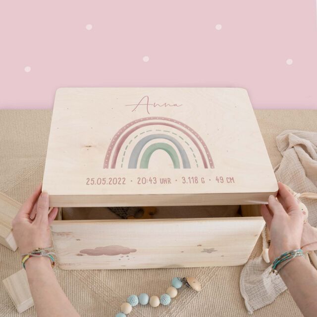 Erinnerungsbox "Regenbogen" Aquarell personalisiert für Kind & Baby Rosa  no