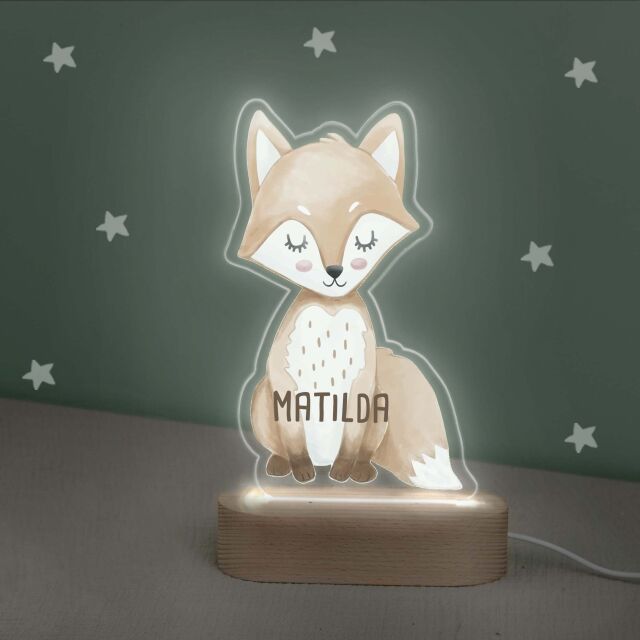 Buntes LED Kinder Nachtlicht Personalisiert Fuchs-Form aus Acrylglas mit USB-Anschluss