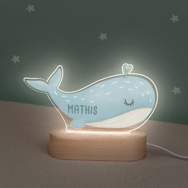 Buntes LED Kinder Nachtlicht Personalisiert Wal-Form aus Acrylglas mit USB-Anschluss