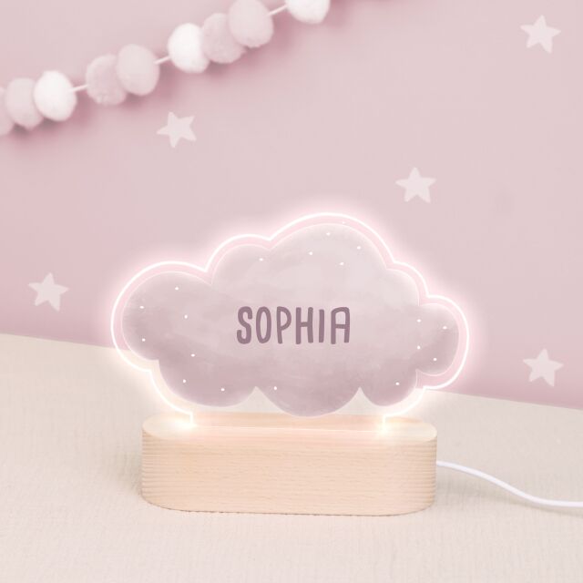 Buntes LED Kinder Nachtlicht Personalisiert Wolken-Form aus Acrylglas mit USB-Anschluss