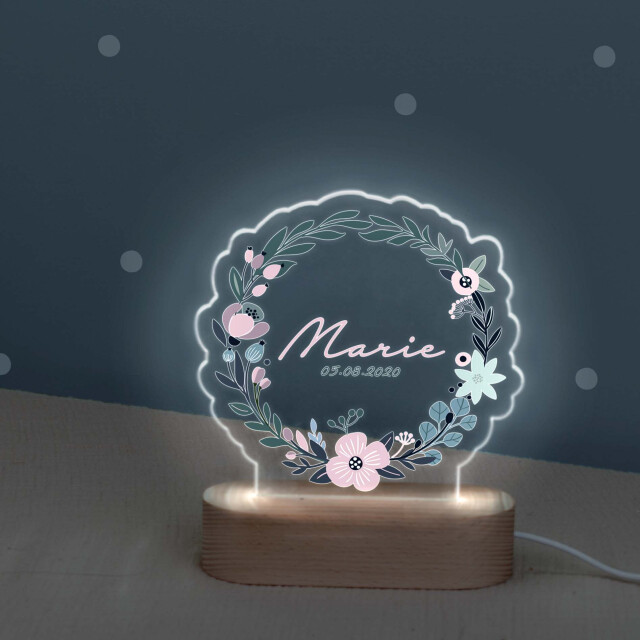 Buntes LED Kinder Nachtlicht Personalisiert Blumenkranz-Form aus Acrylglas mit USB-Anschluss mit USB-Netzteil