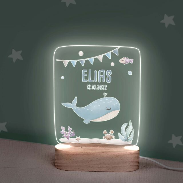 Buntes LED Kinder Nachtlicht Personalisiert Wal in rechteckiger Form aus Acrylglas mit USB-Anschluss