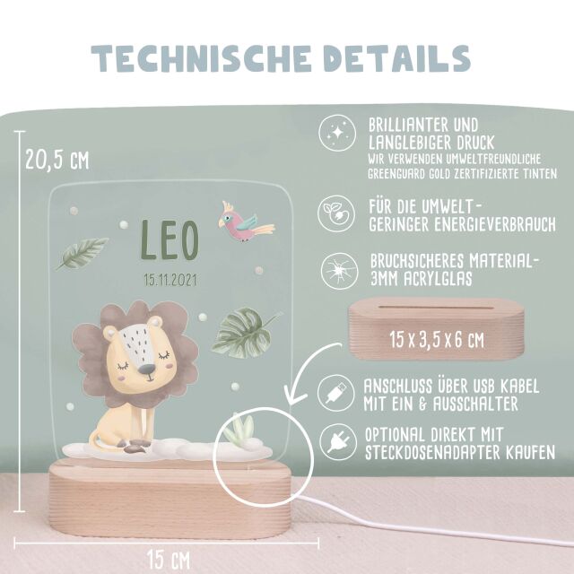 Buntes LED Kinder Nachtlicht Personalisiert Löwe in rechteckiger Form aus Acrylglas mit USB-Anschluss