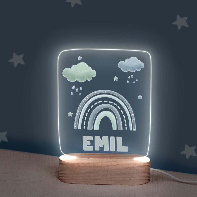 Buntes LED Kinder Nachtlicht Personalisiert Blauer Regenbogen in rechteckiger Form aus Acrylglas mit USB-Anschluss
