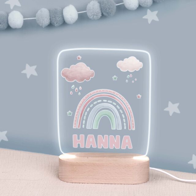 Buntes LED Kinder Nachtlicht Personalisiert Rosa Regenbogen in rechteckiger Form aus Acrylglas mit USB-Anschluss